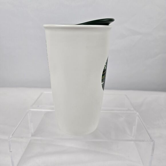 Starbucks 2014 Travel Mug Ceramic Lid White Strands Green Gold Circle Patch 12oz - Picture 7 of 9